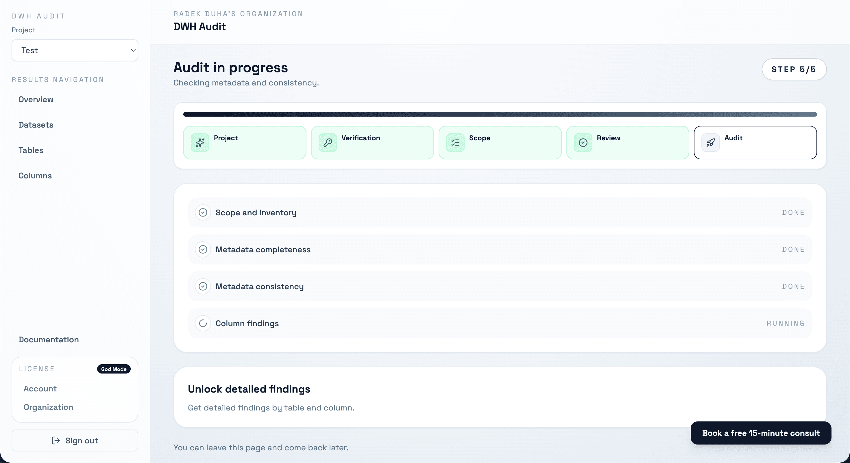 DWH Audit Tool audit running screen with checklist-style progress.