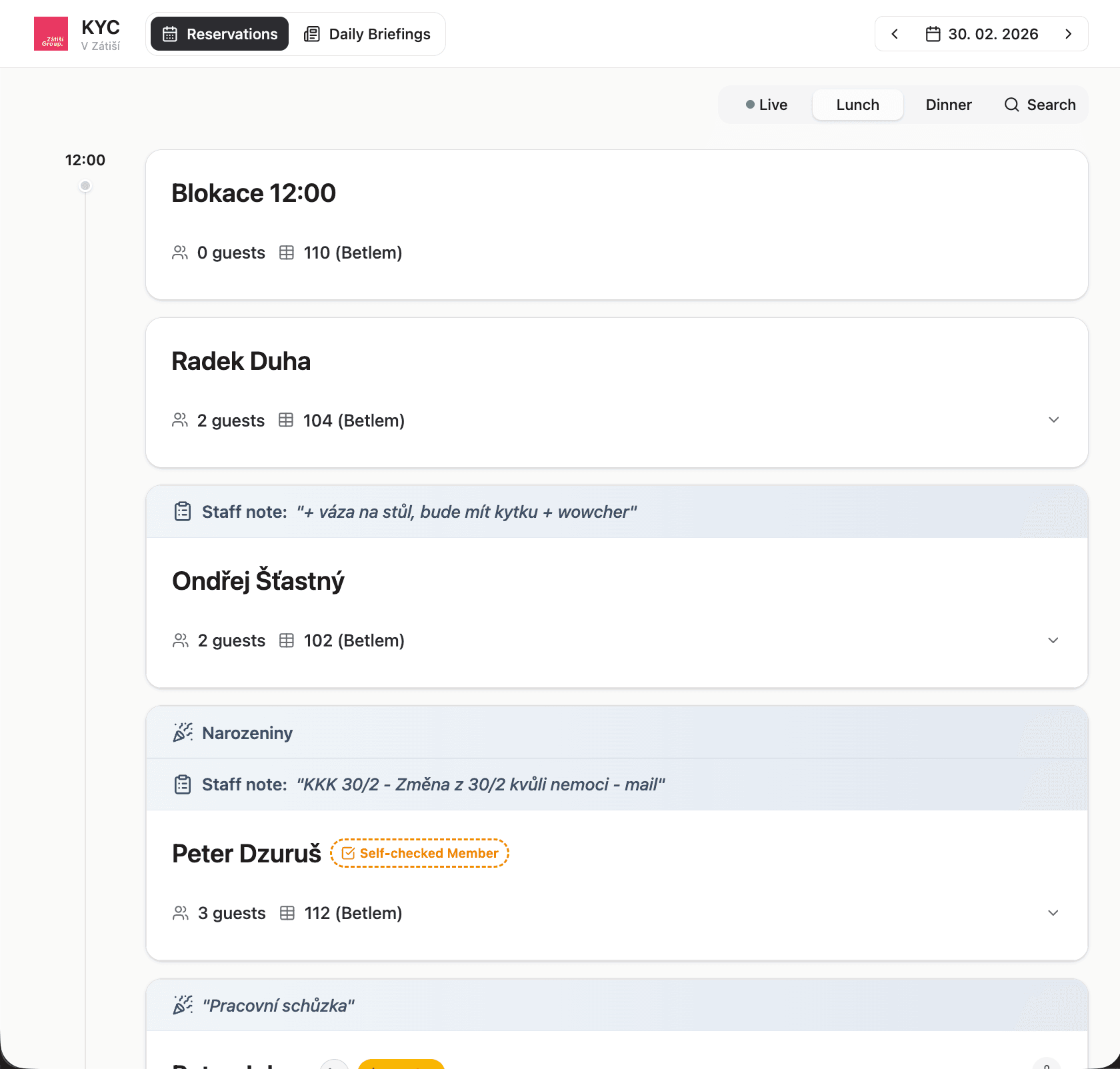 Zatisi KYC reservations screen with timeline cards, staff notes, and guest reservation details.